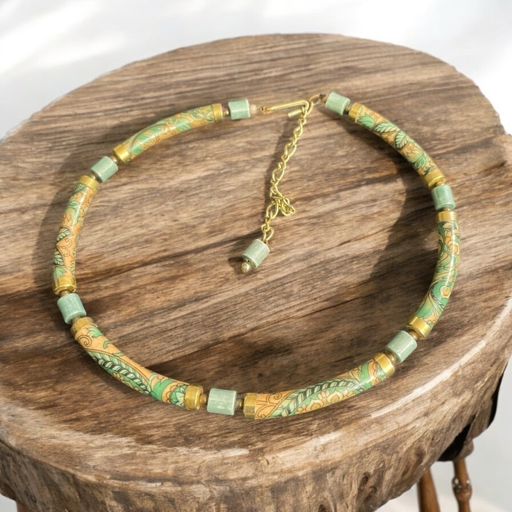 Rare, Vtg. Necklace Japan Gold Tube Porcelain Turquoise Paisley Flowers Choker